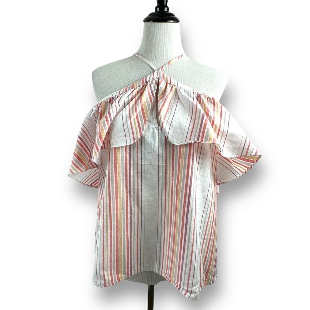 Express Women's Size M Ruffled Halter Top‎ Multicolored Stripe 100% Cotton